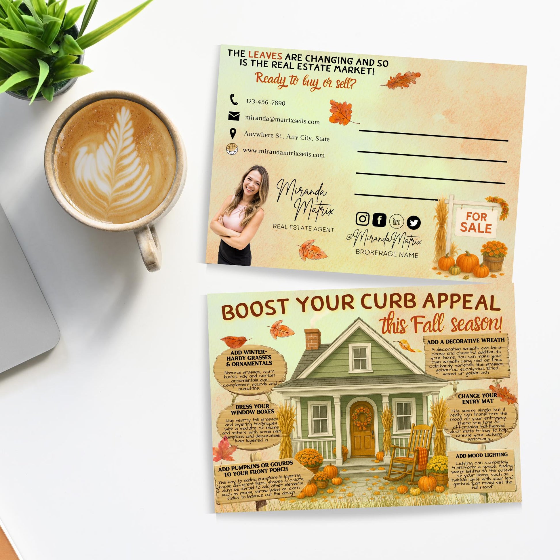 Fall real estate marketing template with curb appeal ideas, editable Realtor branding, seasonal home tips, matching mailing postcard back, and Canva customization.