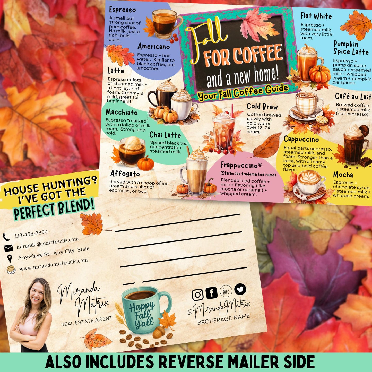 Fall Coffee Guide realtor postcard with seasonal coffee drink chart and editable branding.