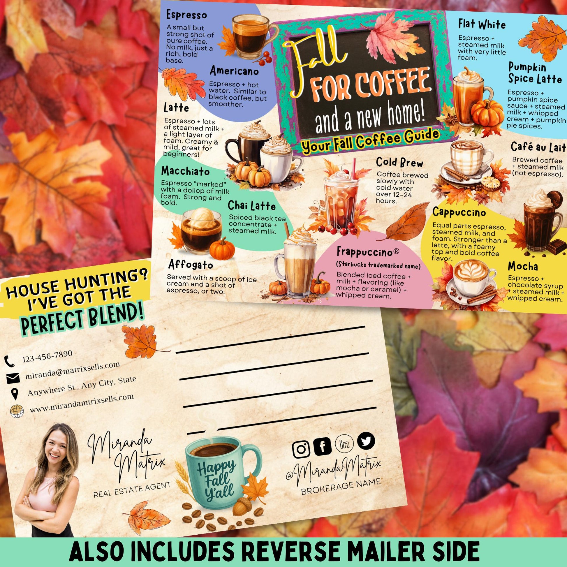Fall Coffee Guide realtor postcard with seasonal coffee drink chart and editable branding.