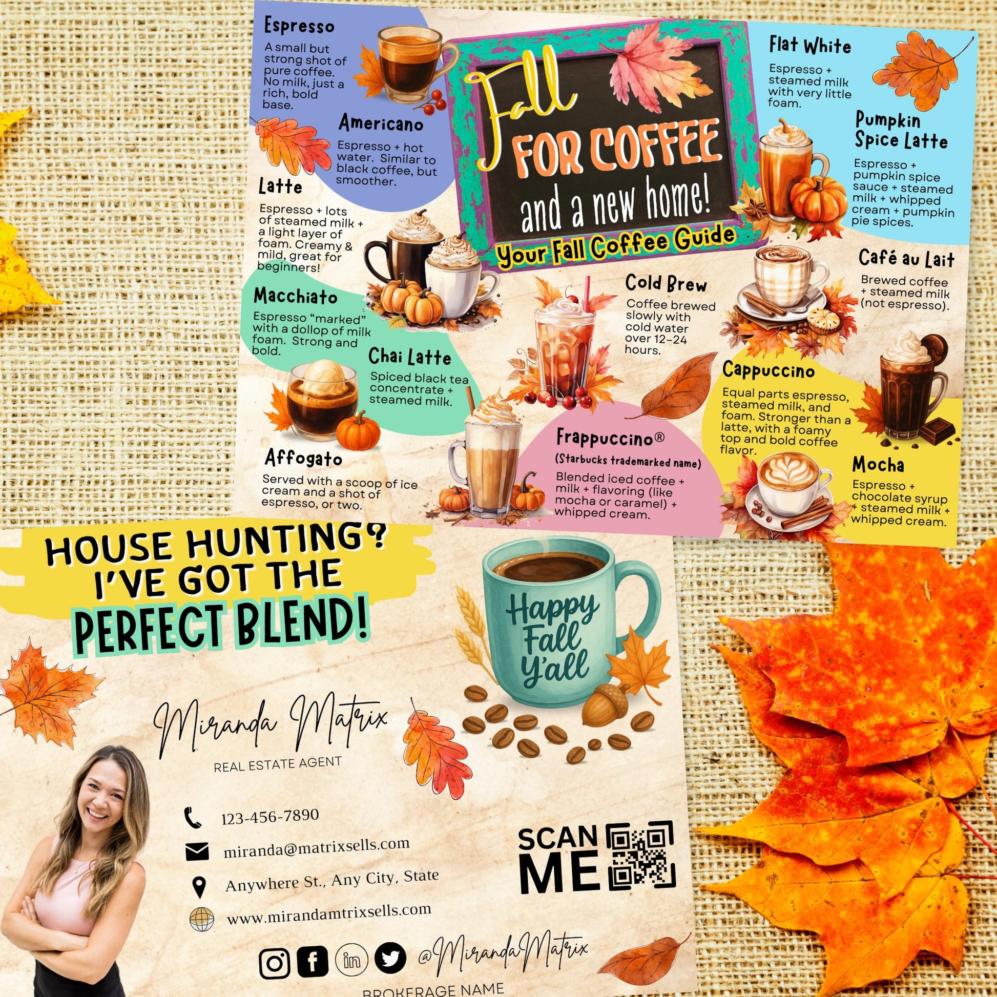 Fall Coffee Guide realtor postcard with seasonal coffee drink chart and editable branding.