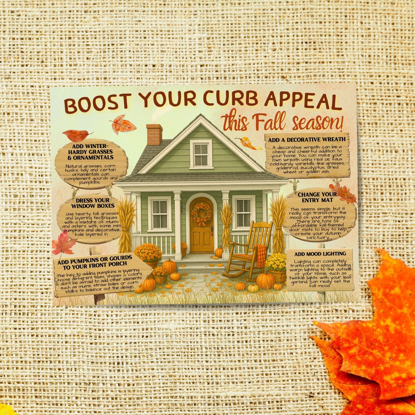 Editable fall Realtor postcard featuring seasonal curb appeal tips, autumn home decor ideas, pumpkins, and customizable real estate branding in Canva.