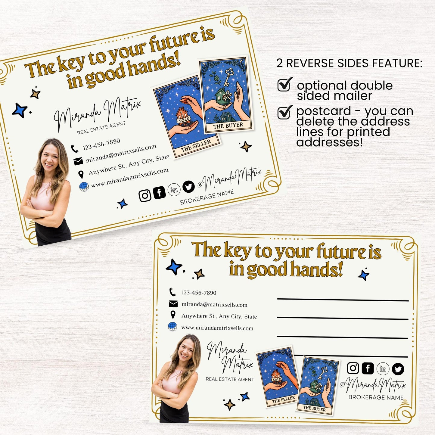 Fortune teller-themed real estate marketing Canva template with tarot-style home cards, Realtor contact information, and editable postcard design.