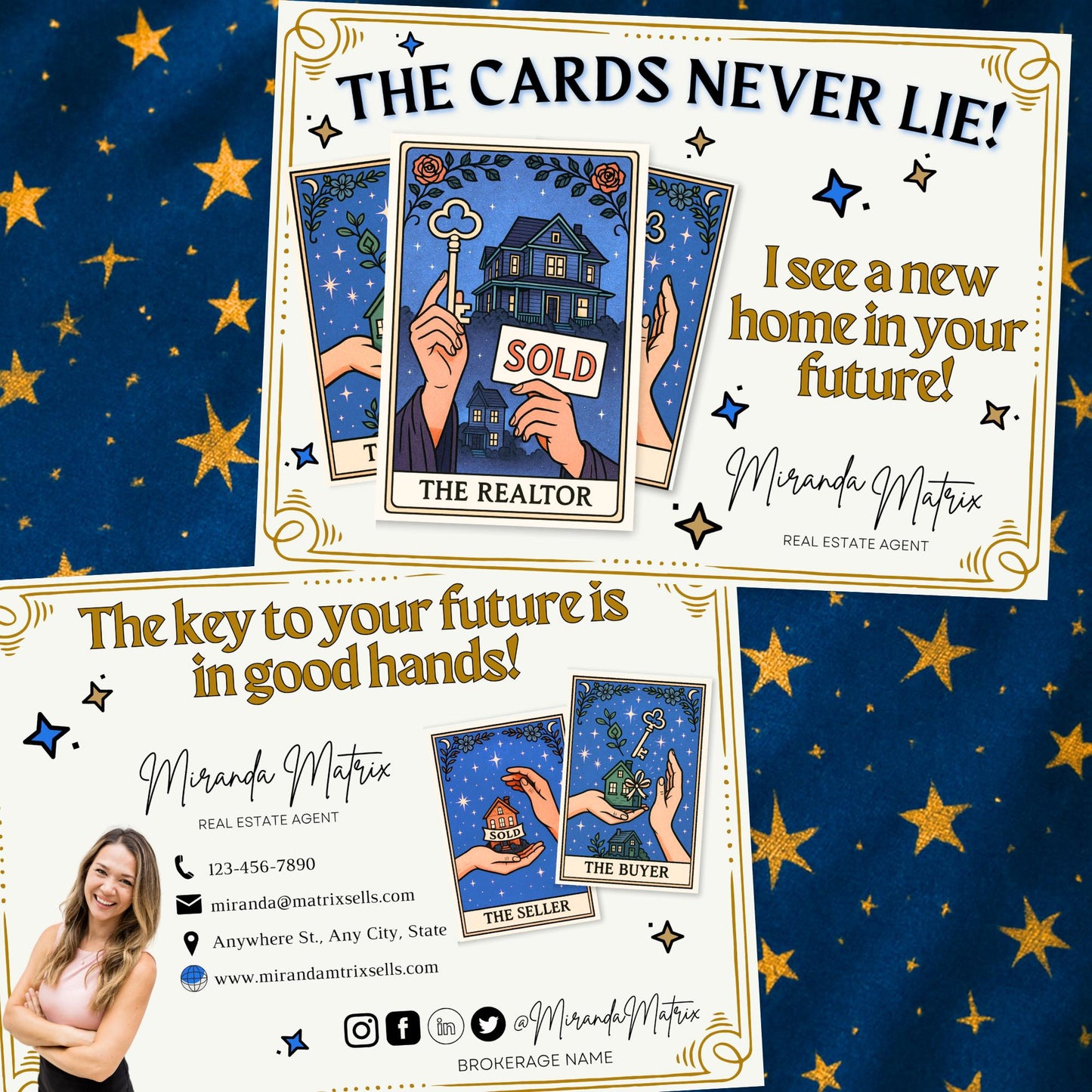 Editable Halloween Realtor postcard featuring tarot-inspired real estate cards, fortune teller artwork, and customizable Canva branding.