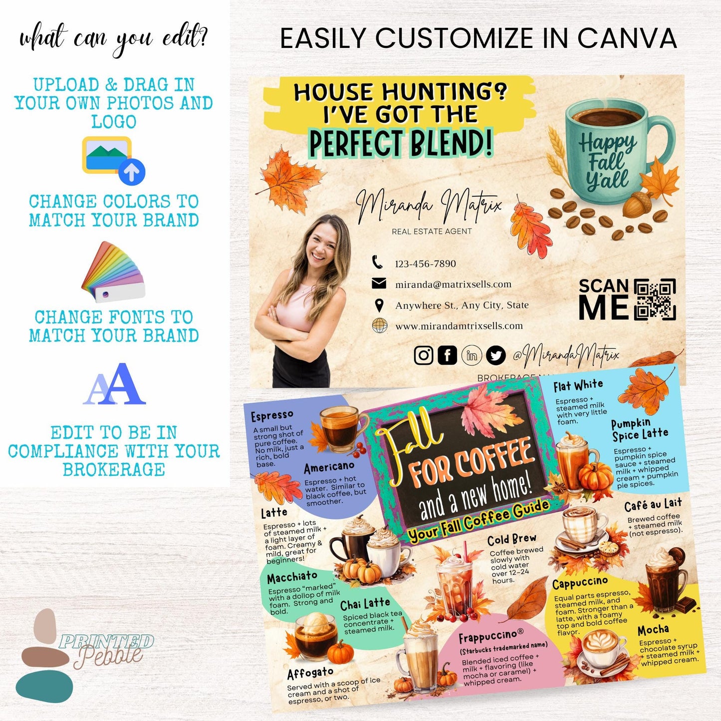 Editable Canva fall realtor pop-by postcard with coffee guide and handwritten note area.