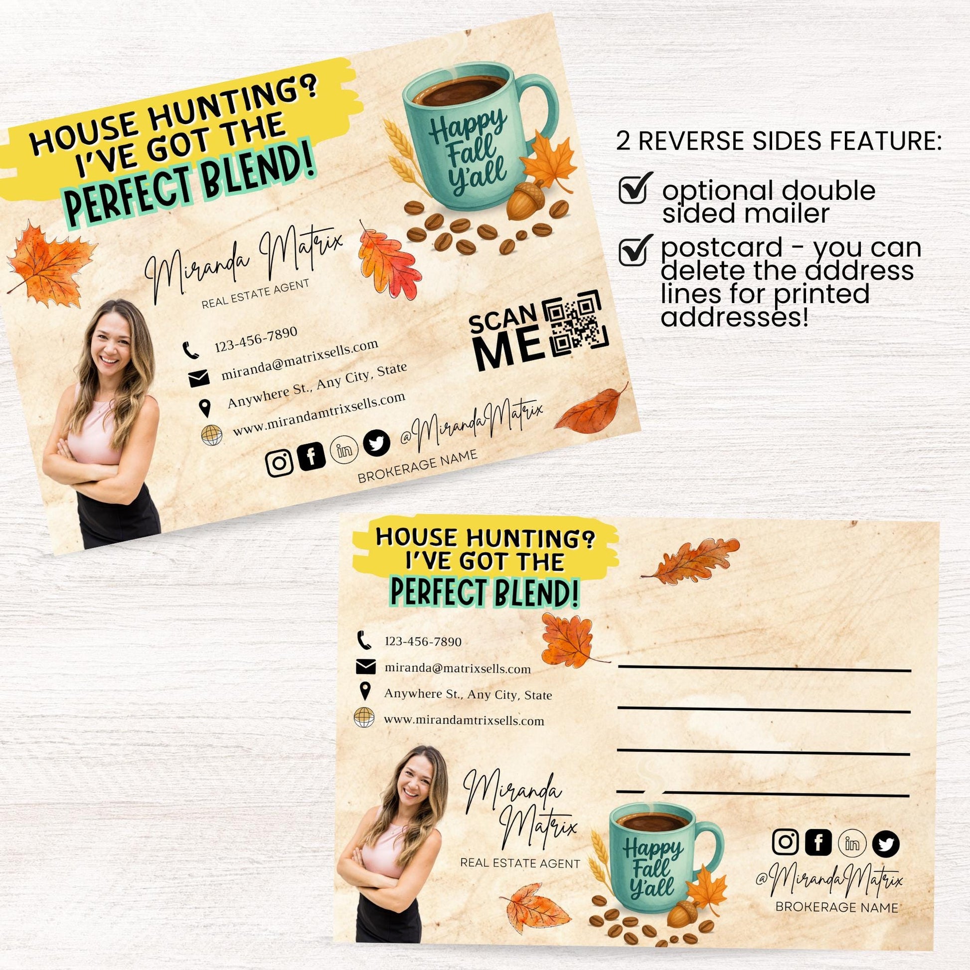 Pumpkin spice themed real estate marketing postcard featuring a coffee guide for clients.