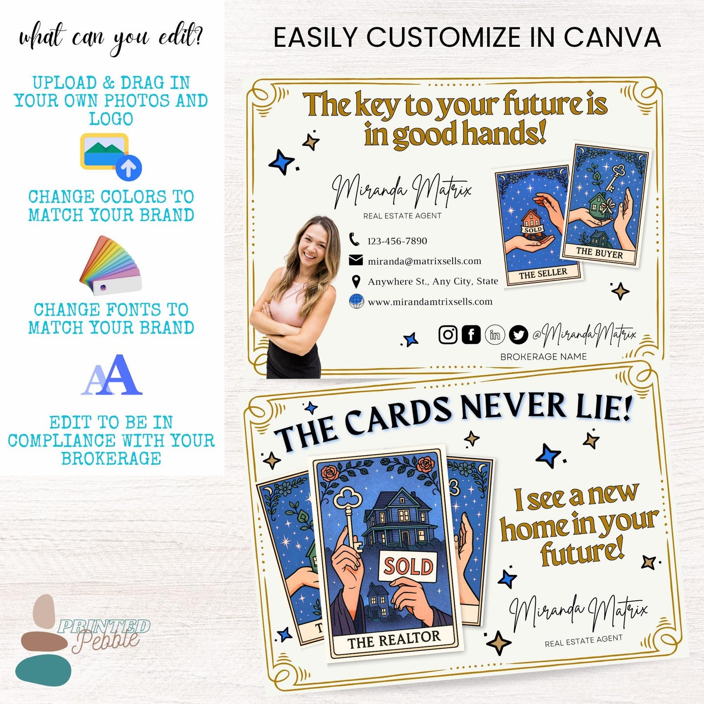 Printable Halloween Realtor postcard featuring mystical real estate card artwork, fortune-themed sayings, and matching editable Canva front, back, and mailing template.