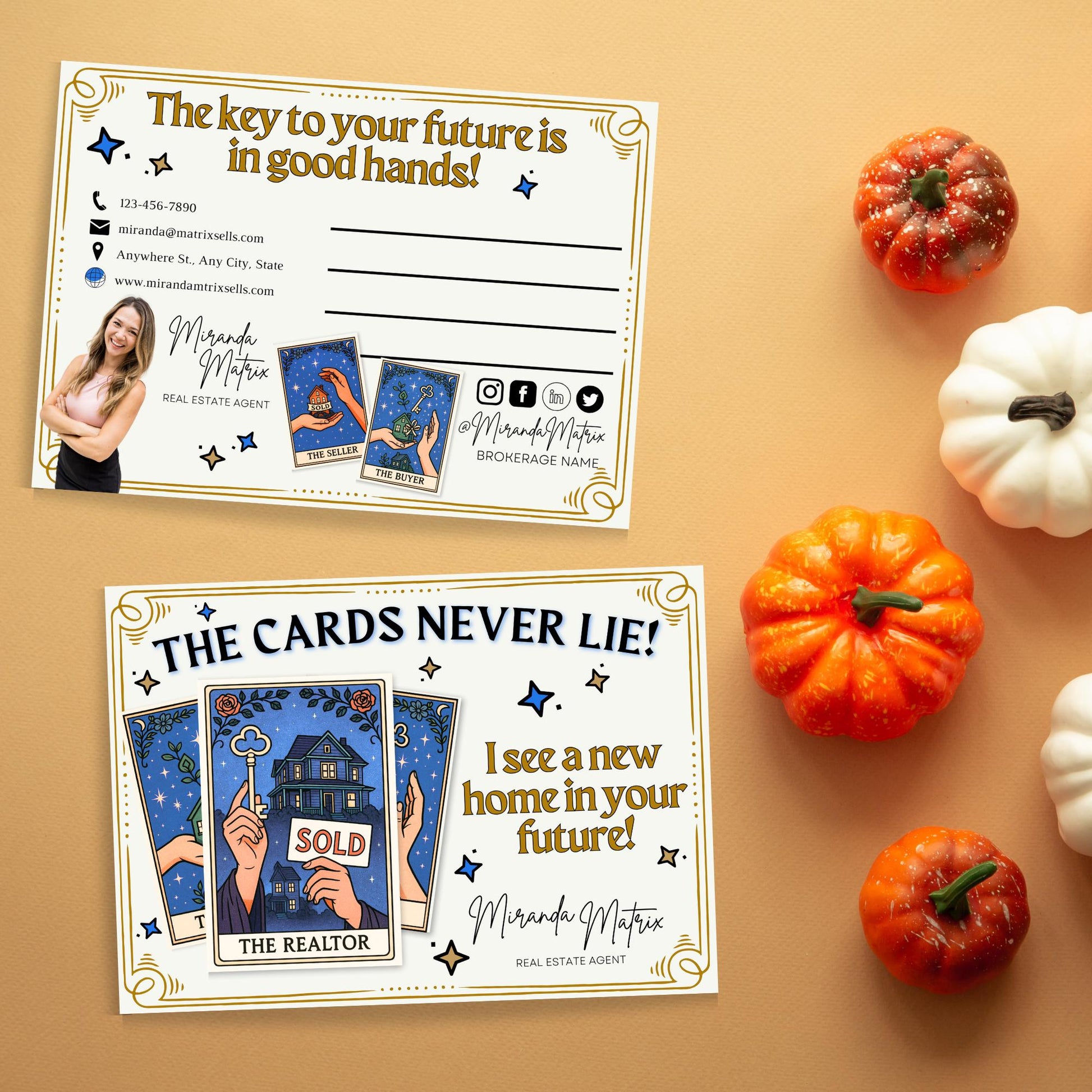 Halloween Canva template for real estate agents featuring tarot-inspired home illustrations, customizable Realtor branding, and seasonal postcard marketing.