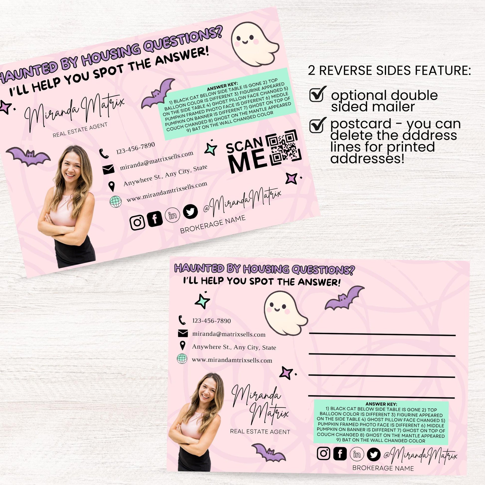 Halloween real estate marketing Canva template with a family-friendly Spot the Difference puzzle, answer key, Realtor branding, QR code, and customizable contact information.