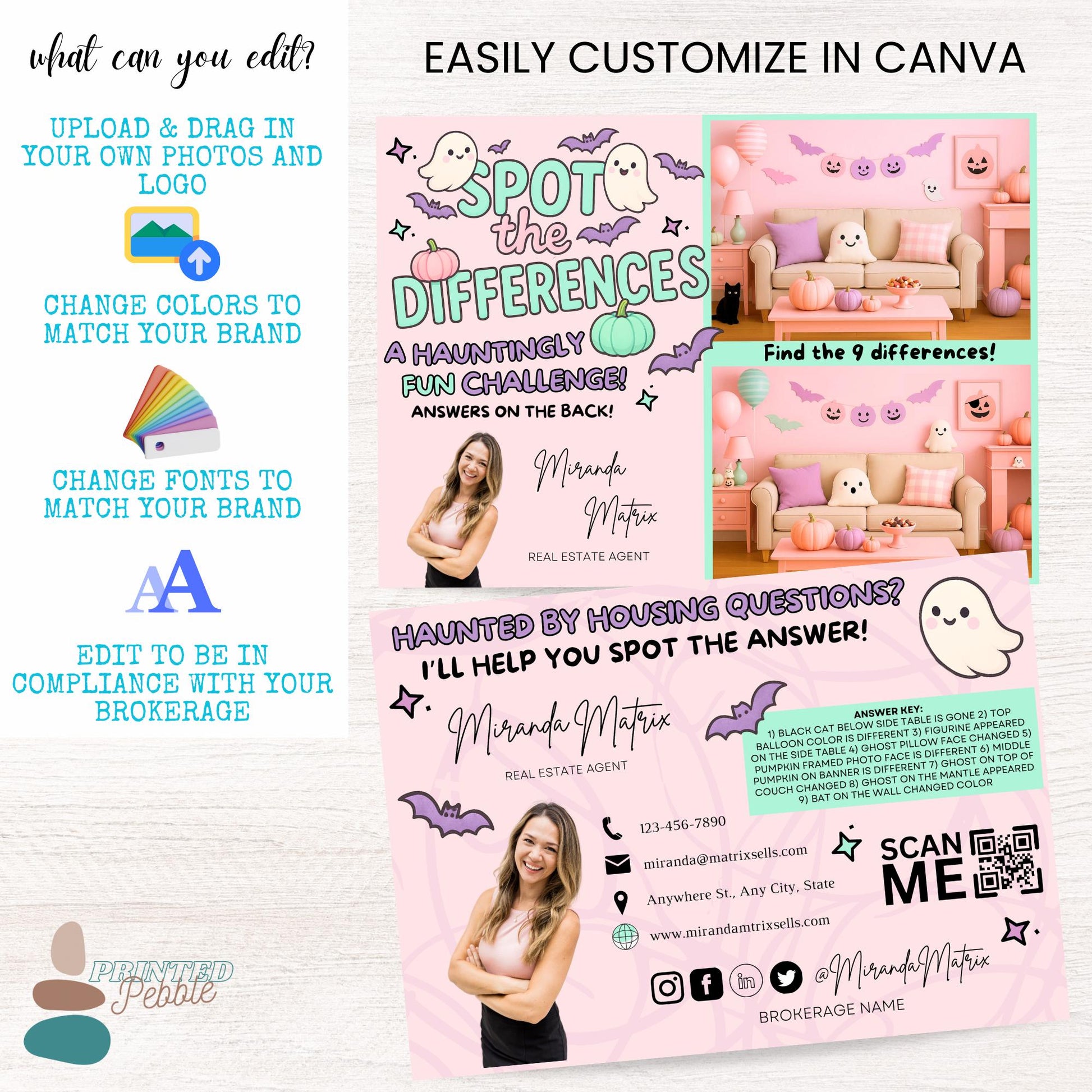 Printable Halloween Realtor postcard featuring an interactive Spot the Difference game, adorable Halloween decorations, and editable front and back Canva template.