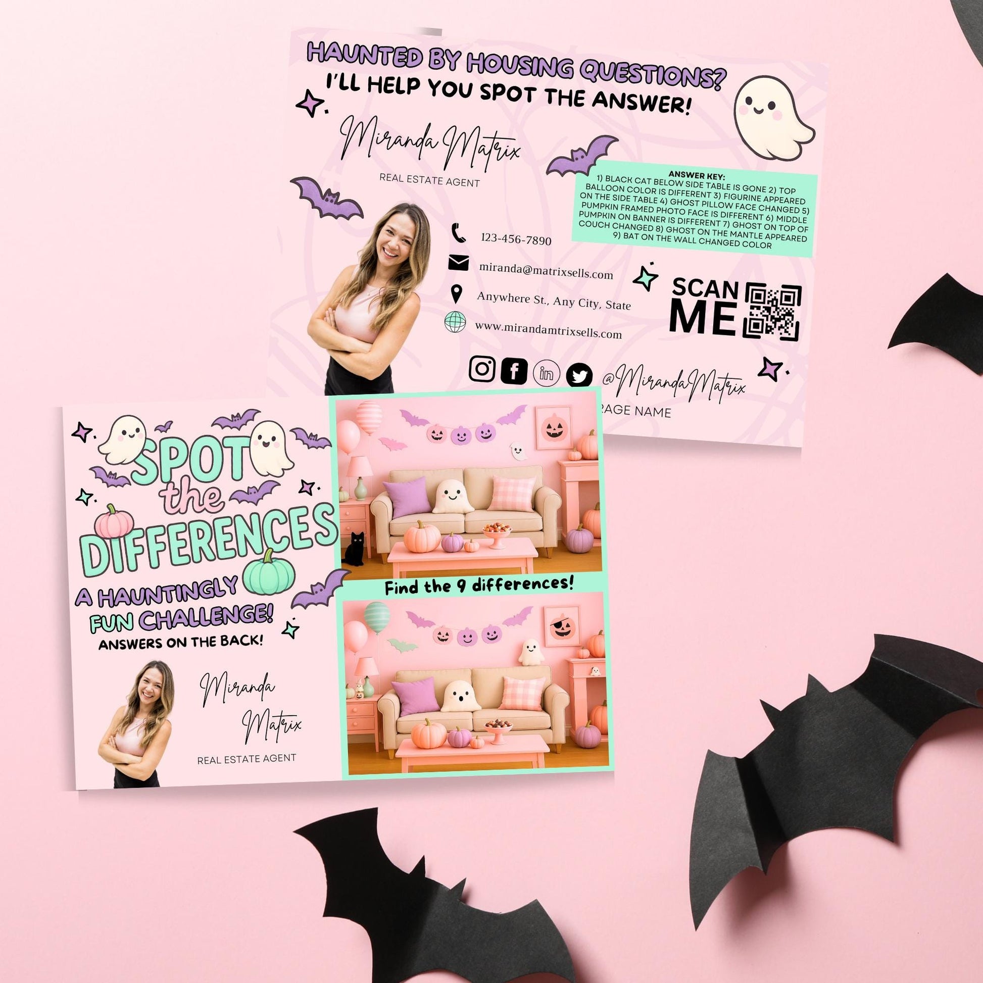 Halloween real estate marketing Canva template with a family-friendly Spot the Difference puzzle, answer key, Realtor branding, QR code, and customizable contact information.