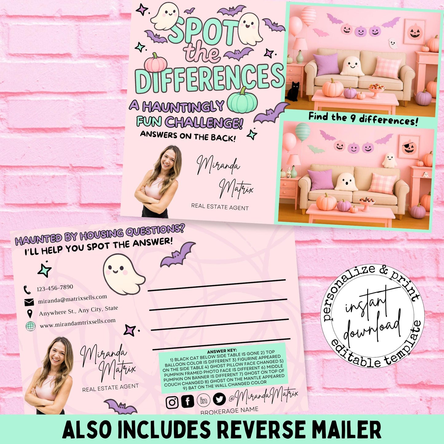 Editable Halloween Realtor postcard featuring a Spot the Difference game with cute ghosts, pumpkins, bats, and a cozy Halloween living room scene in Canva.