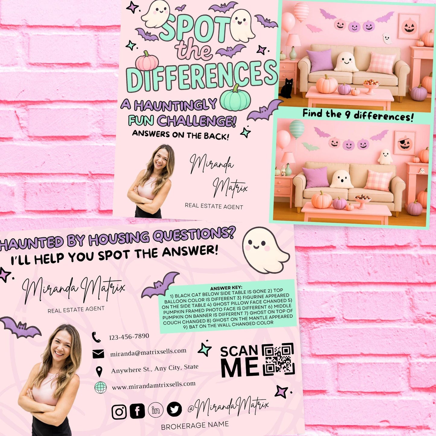 Editable Halloween Realtor postcard featuring a Spot the Difference game with cute ghosts, pumpkins, bats, and a cozy Halloween living room scene in Canva.
