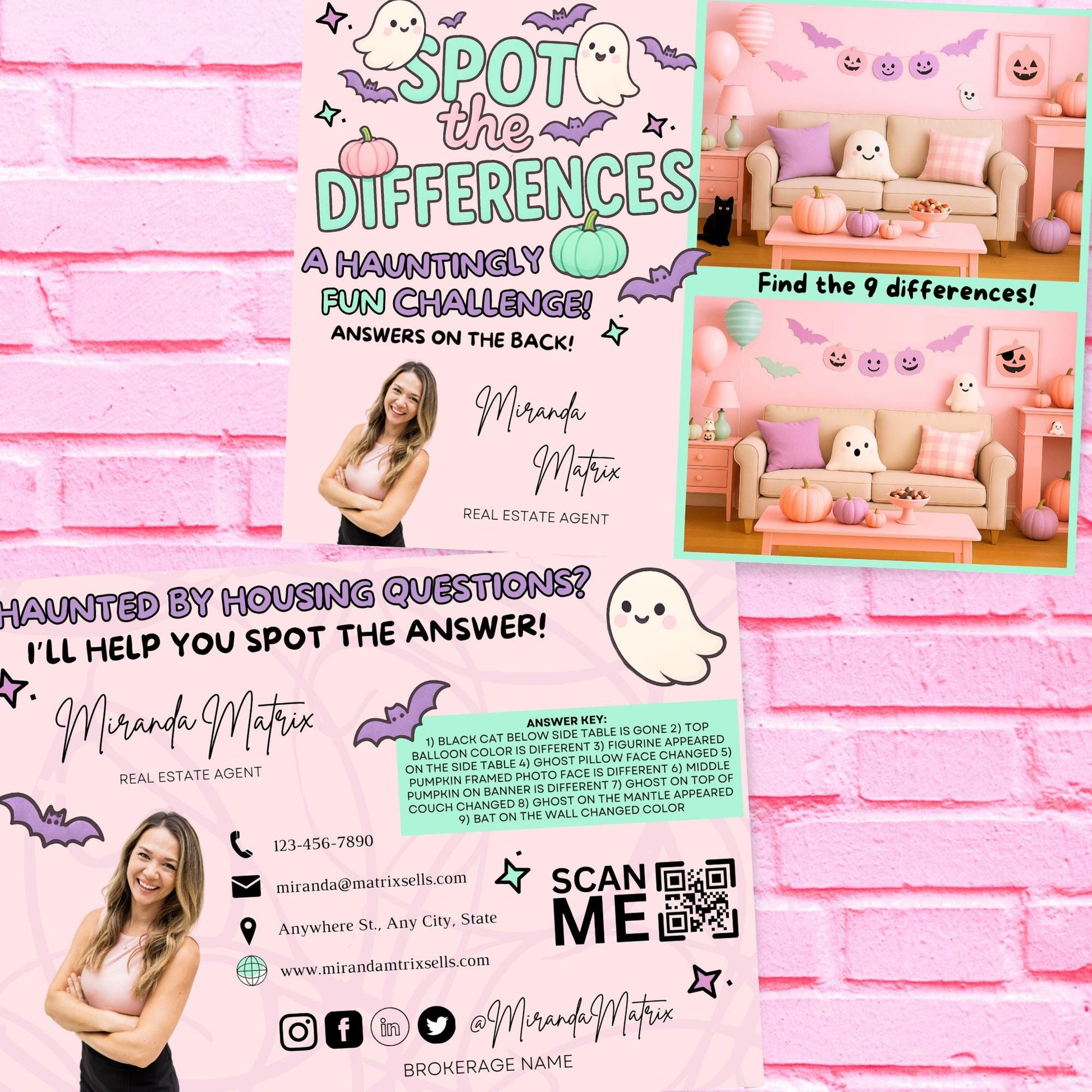 Editable Halloween Realtor postcard featuring a Spot the Difference game with cute ghosts, pumpkins, bats, and a cozy Halloween living room scene in Canva.
