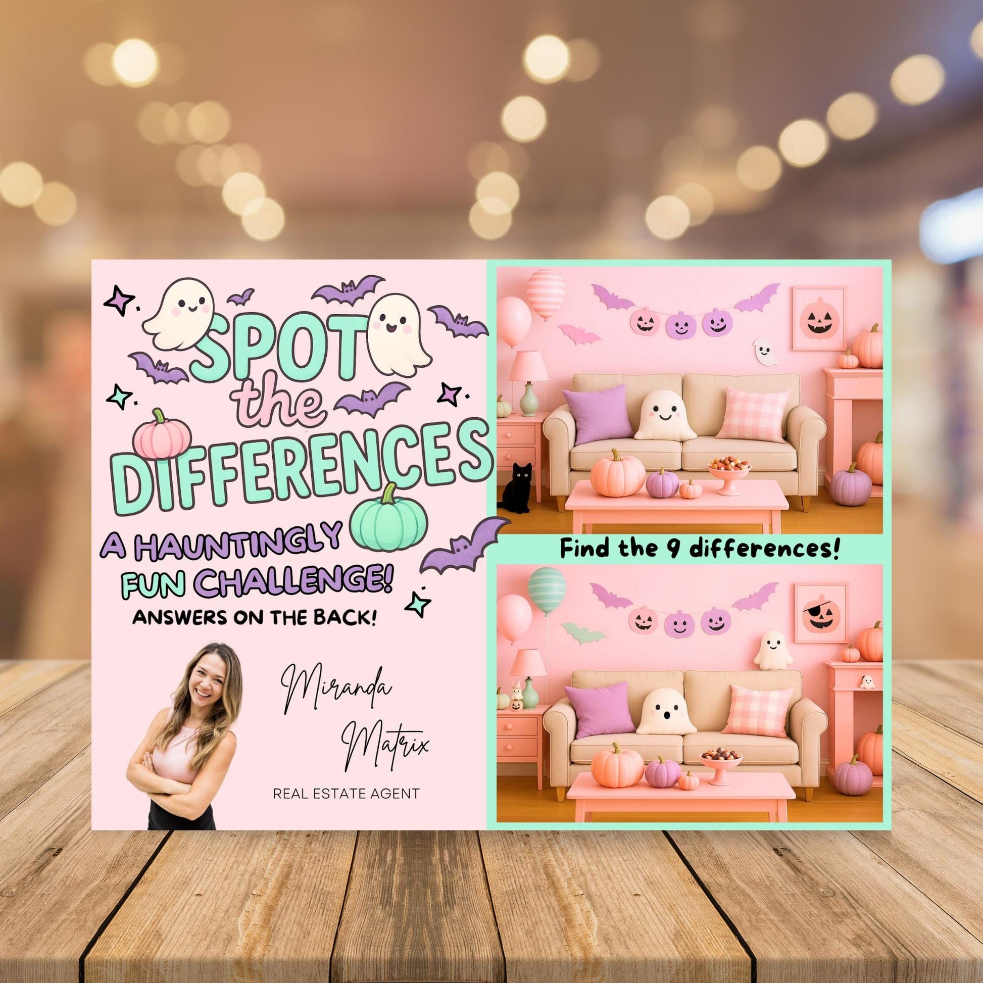 Halloween Canva template for real estate agents featuring a Spot the Difference activity, cute ghost illustrations, answer key, editable Realtor branding, and seasonal client postcard.