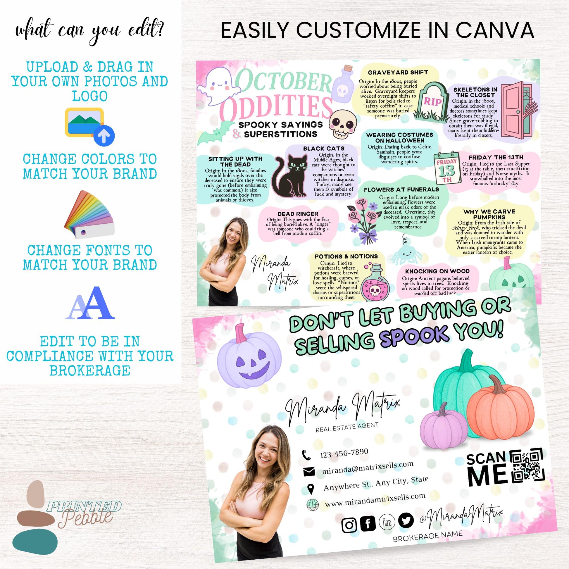 Printable Halloween Realtor postcard featuring fun Halloween facts, spooky sayings, pumpkins, ghosts, and customizable contact information in Canva.