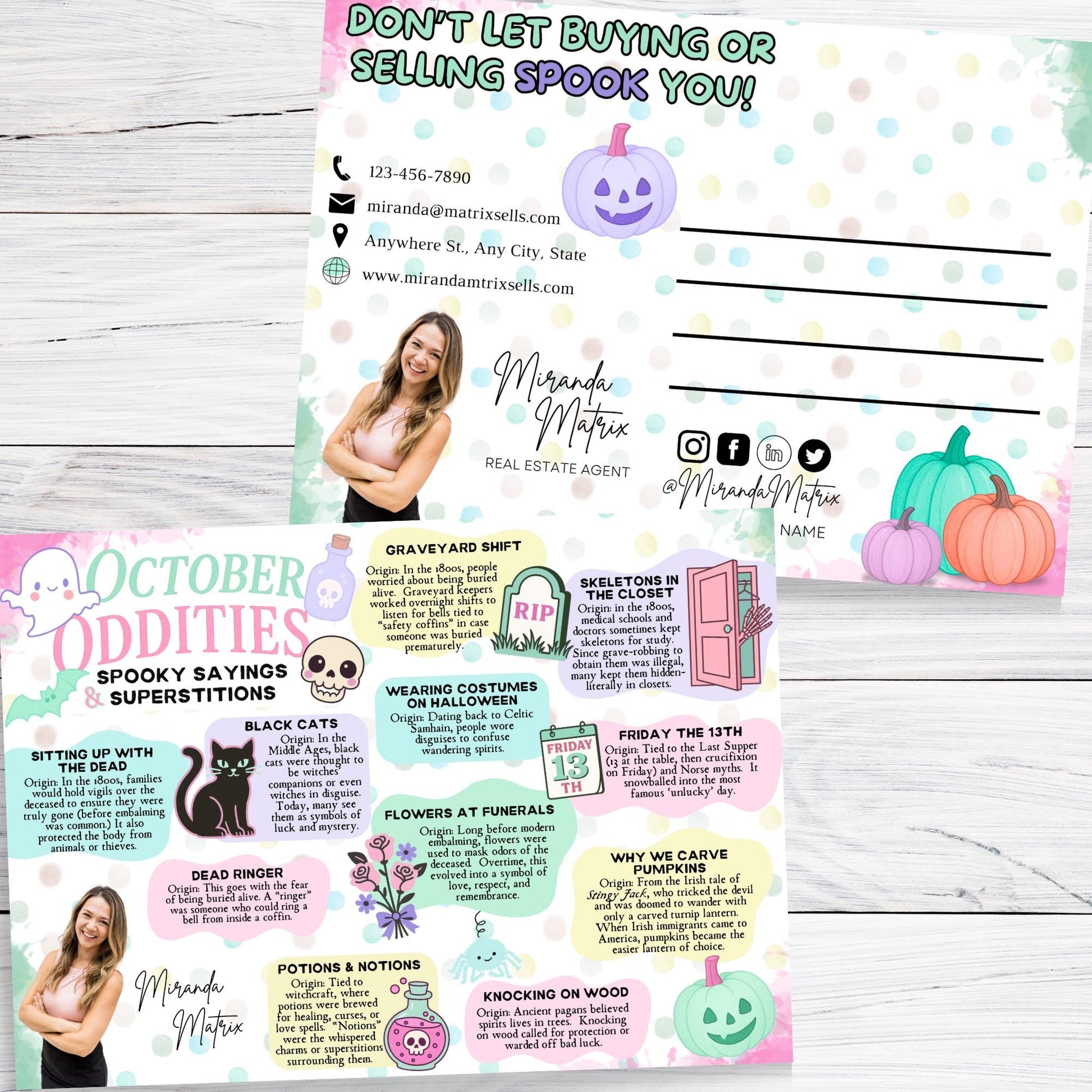 Editable Halloween Realtor Canva template featuring an October Oddities postcard with spooky sayings, Halloween superstitions, and customizable Realtor branding.