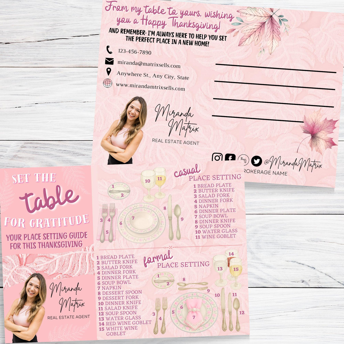 Thanksgiving realtor mailing postcard template with agent branding, address lines, pink autumn leaves and real estate holiday message