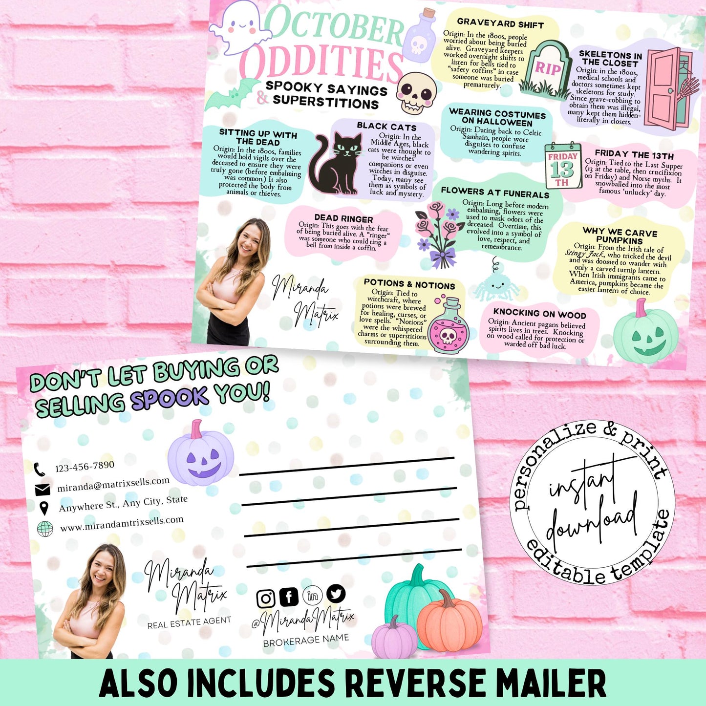 Editable Halloween Realtor Canva template featuring an October Oddities postcard with spooky sayings, Halloween superstitions, and customizable Realtor branding.