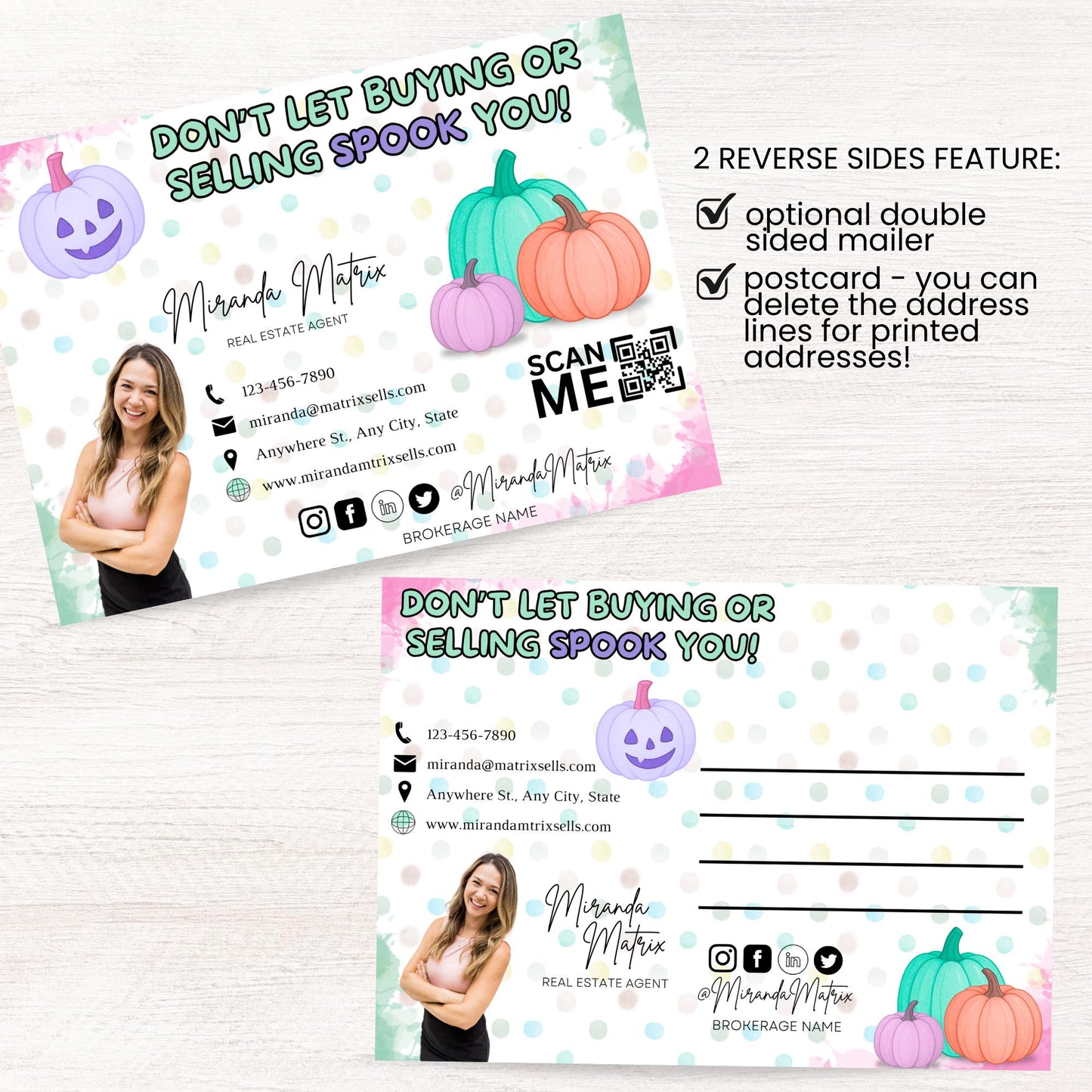 Halloween real estate marketing postcard with October Oddities trivia, colorful Halloween illustrations, Realtor photo, QR code, and editable Canva template.