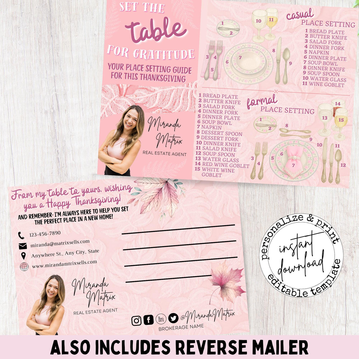 Thanksgiving realtor postcard featuring casual and formal table place setting guides with pink fall design and agent branding