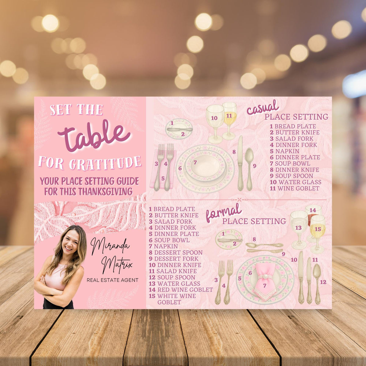 Thanksgiving realtor postcard featuring casual and formal table place setting guides with pink fall design and agent branding
