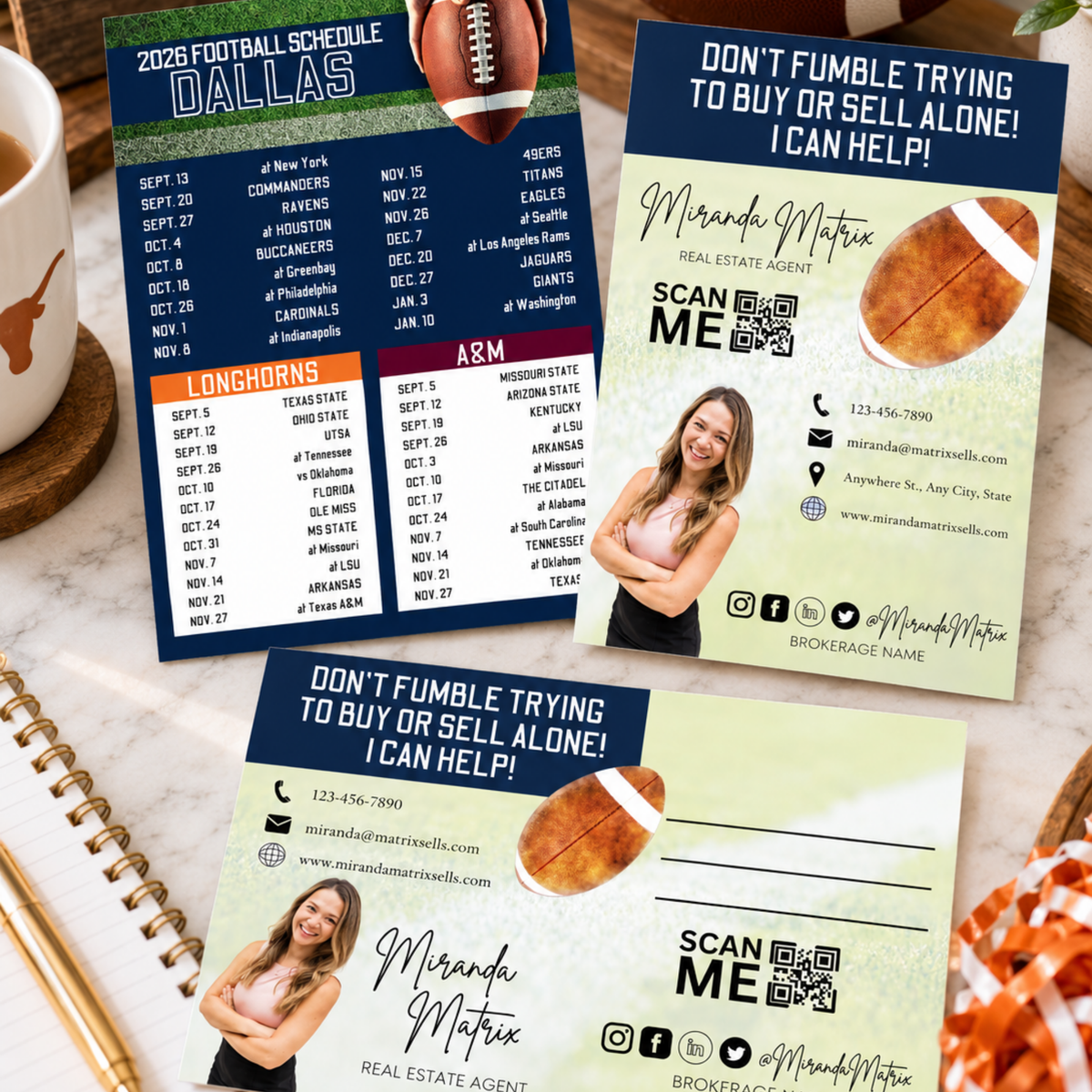 Dallas football realtor marketing set featuring Cowboys, Longhorns and Texas A&M schedules