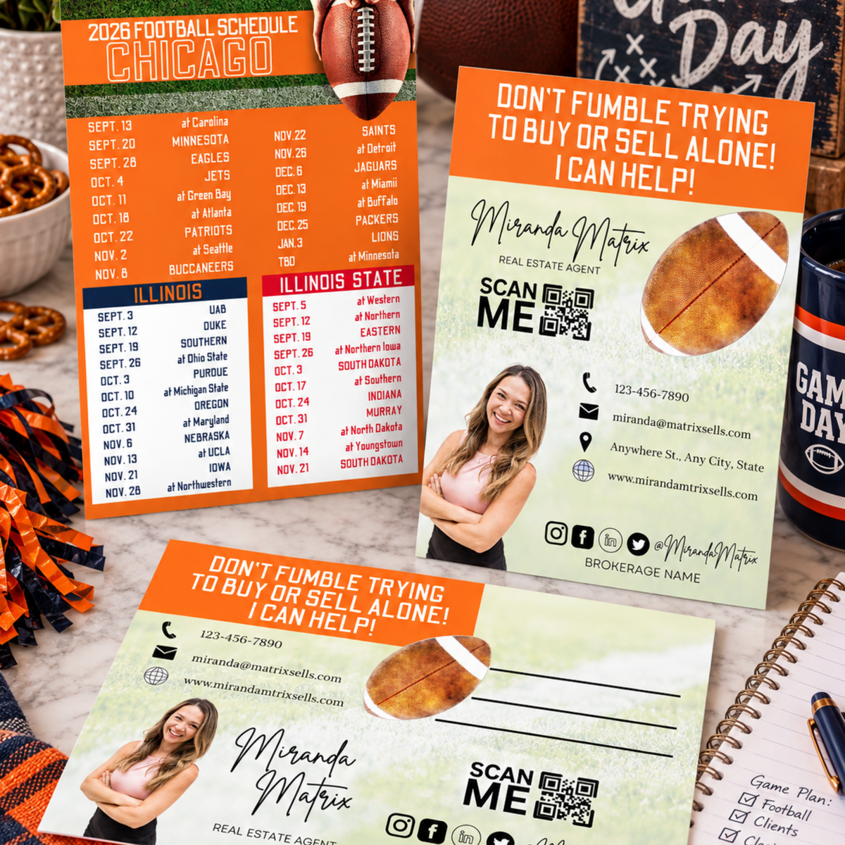 Chicago football realtor marketing set featuring Bears, Illinois and Illinois State schedules
