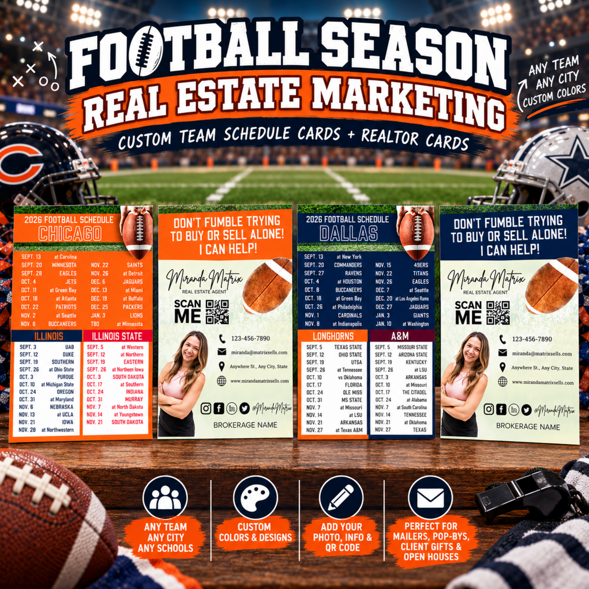 Custom 2026 football schedule realtor marketing cards featuring Chicago and Dallas team designs