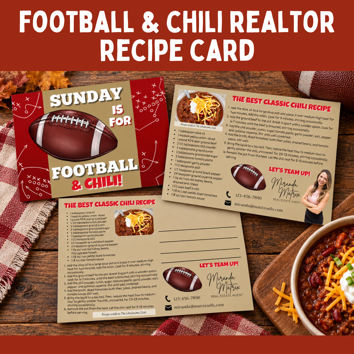 Football and chili realtor recipe card with Sunday is for football and chili design